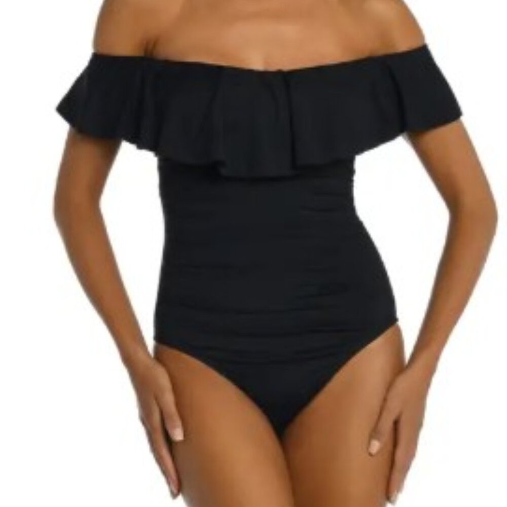 La Blanca Off the Shoulder One-Piece Swimsuit - L - Black